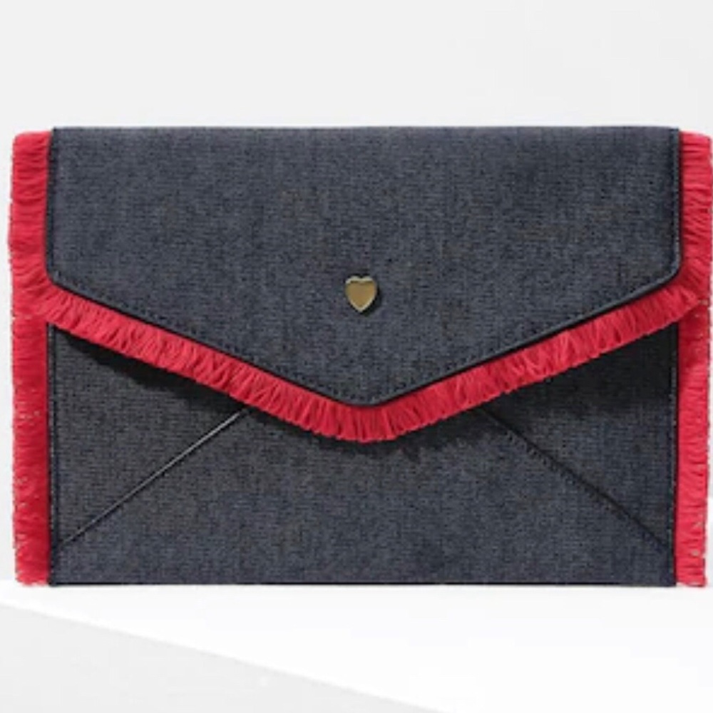 Denim Tassel Trim Envelope Clutch Wristlet
